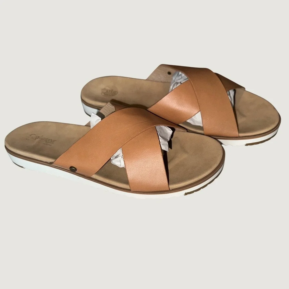 Catherine Catherine Malandrino Tan Brown Cross Strap Slide Sandals Women 9.5